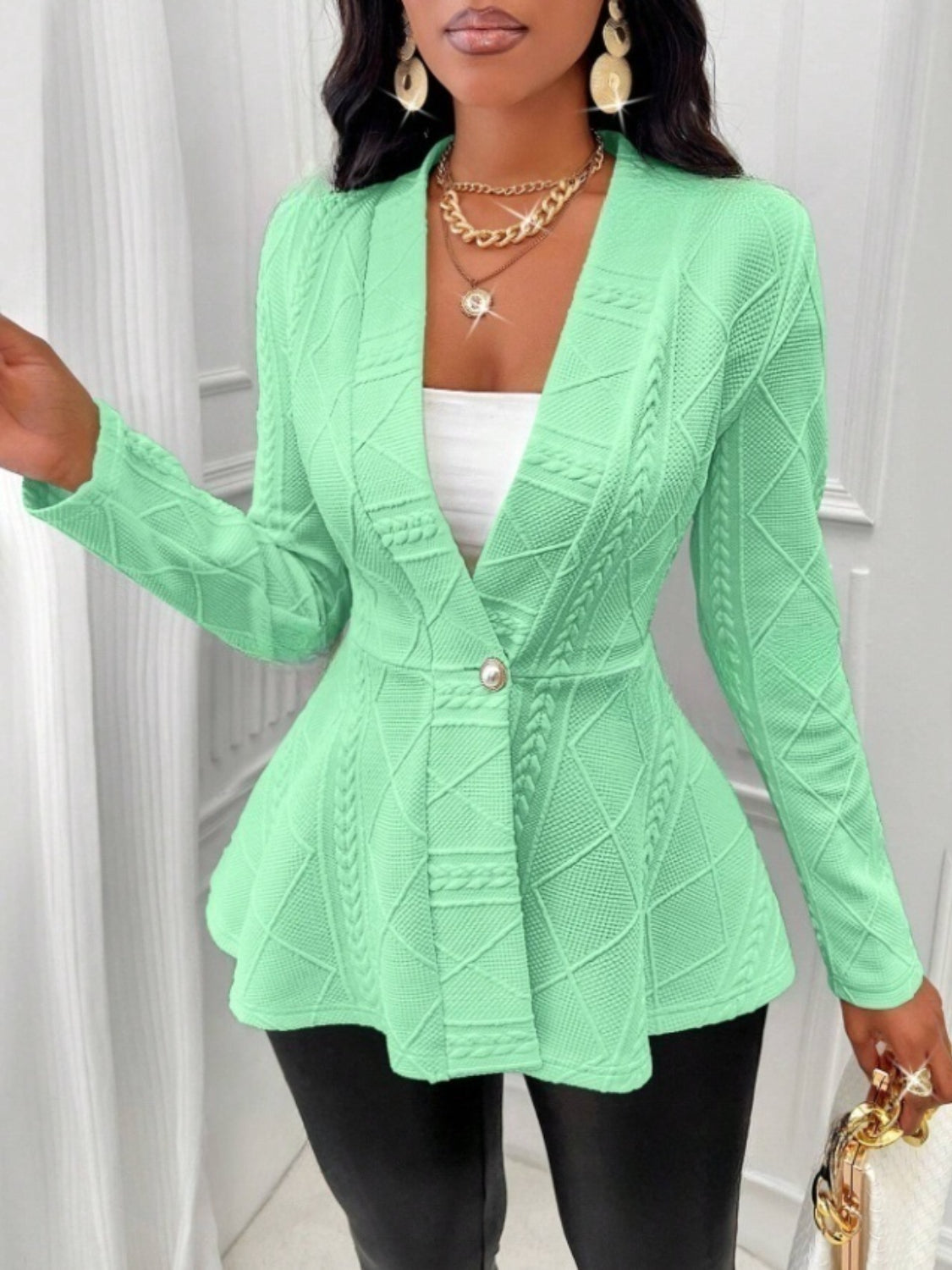 One Button Textured Peplum Cardigan - felvior