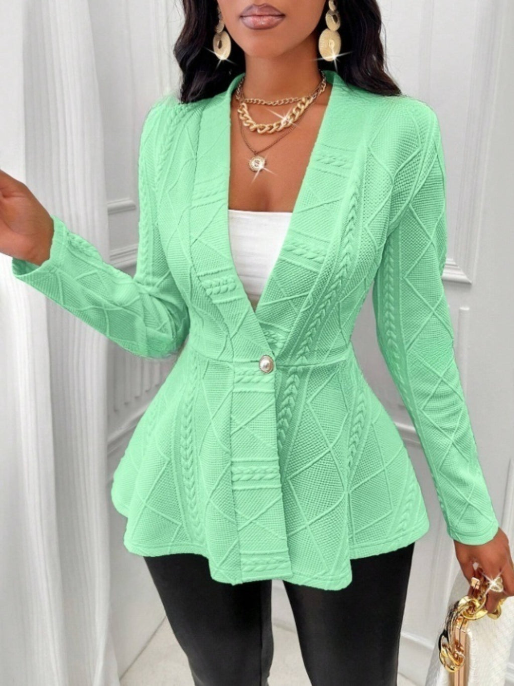 One Button Textured Peplum Cardigan