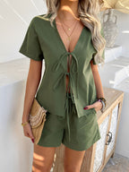 Devine Tied V-Neck Short Sleeve Top and Shorts Set