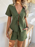 Devine Tied V-Neck Short Sleeve Top and Shorts Set - felvior