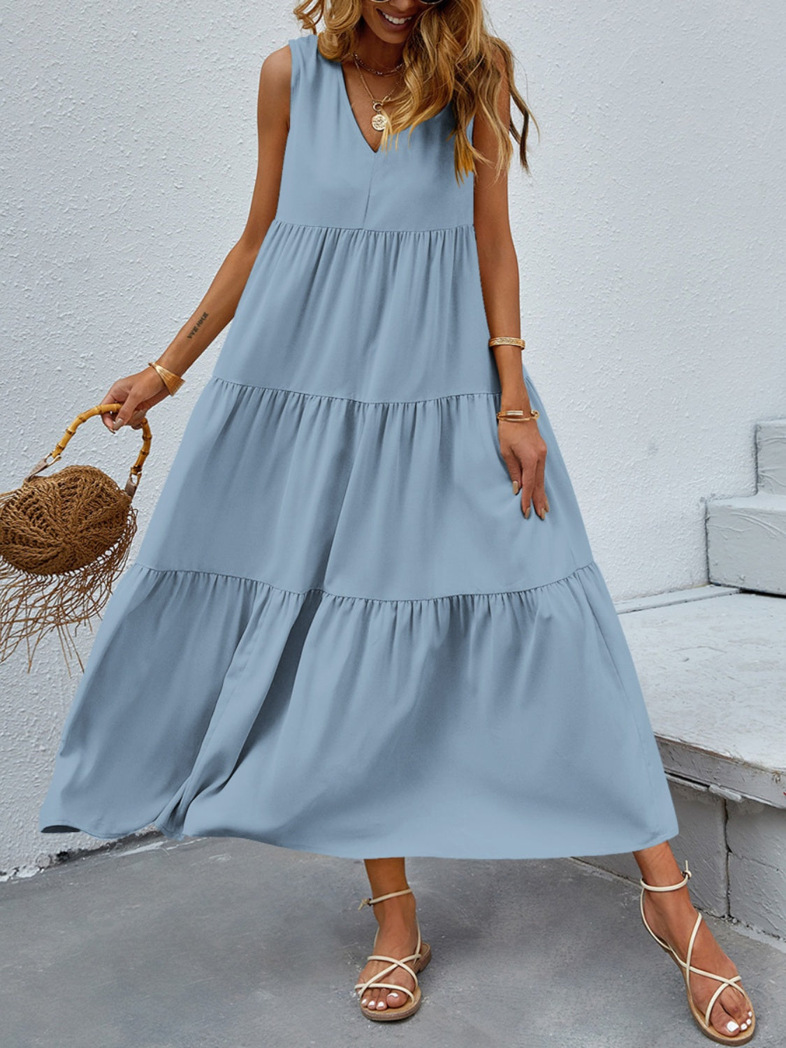 FAM-FAM Tiered V-Neck Sleeveless Dress - felvior