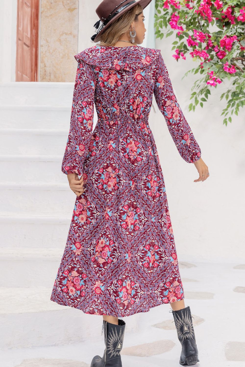 Printed Long Sleeve Slit Midi Dress - felvior