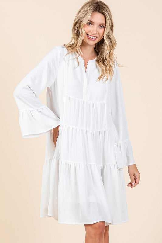 Mittoshop Tiered Notched Flare Sleeve Dress - felvior