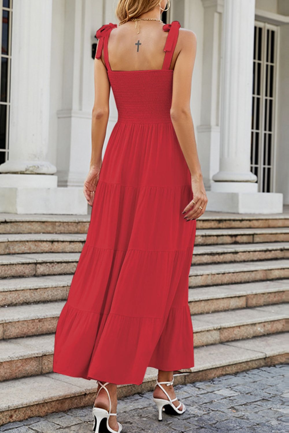 Tie-Shoulder Smocked Tiered Dress - felvior