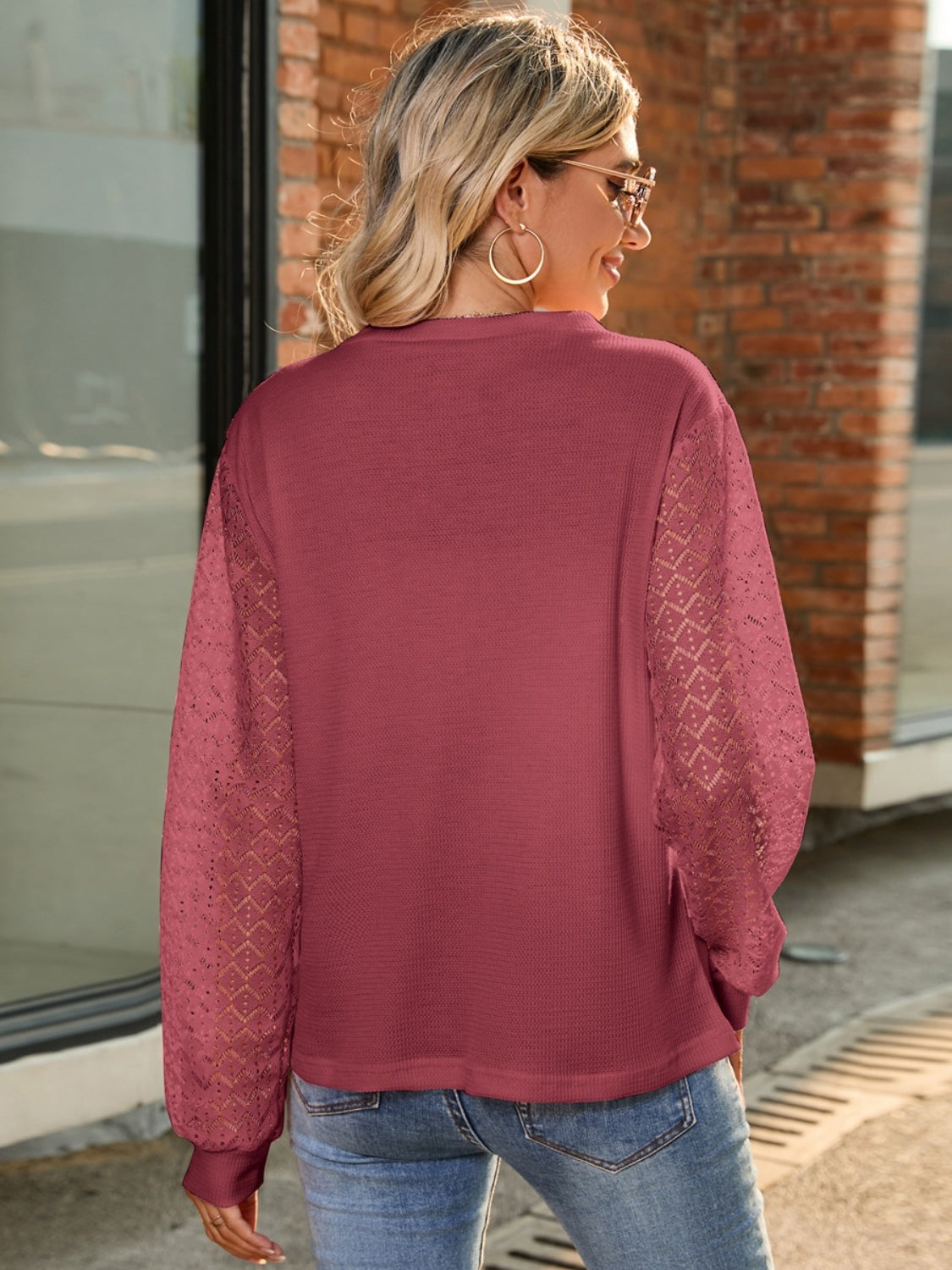 Full Size Round Neck Lace Long Sleeve T-Shirt Plus Size - felvior