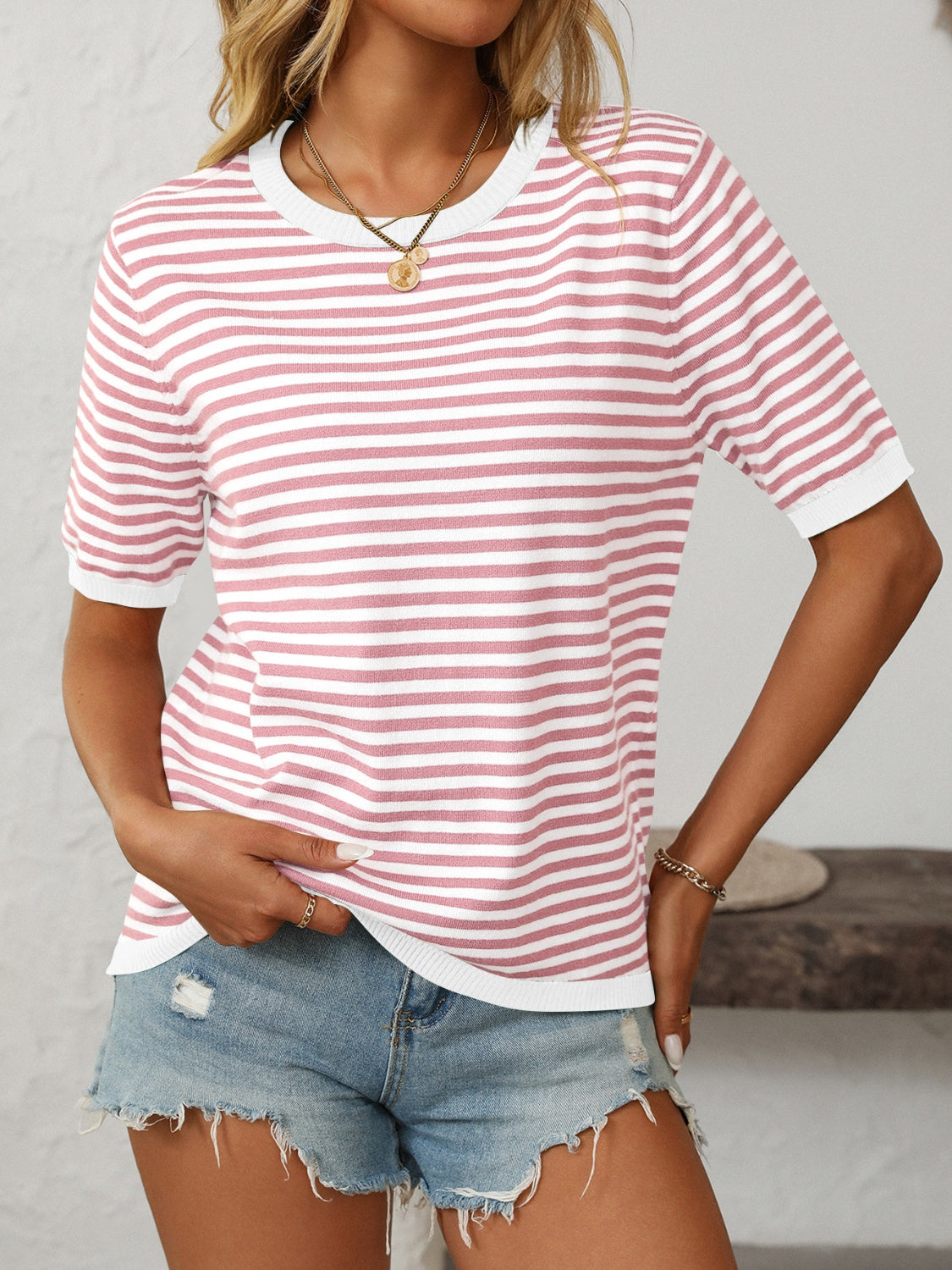 Mandy Striped Round Neck Half Sleeve Knit Top - felvior
