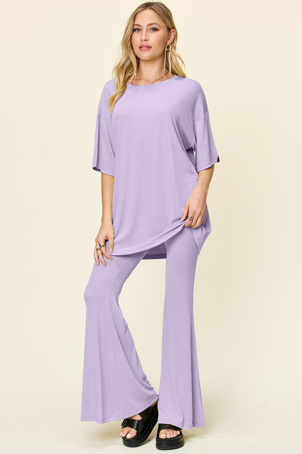 Double Take Full Size Round Neck Drop Shoulder T-Shirt and Flare Pants Set - felvior