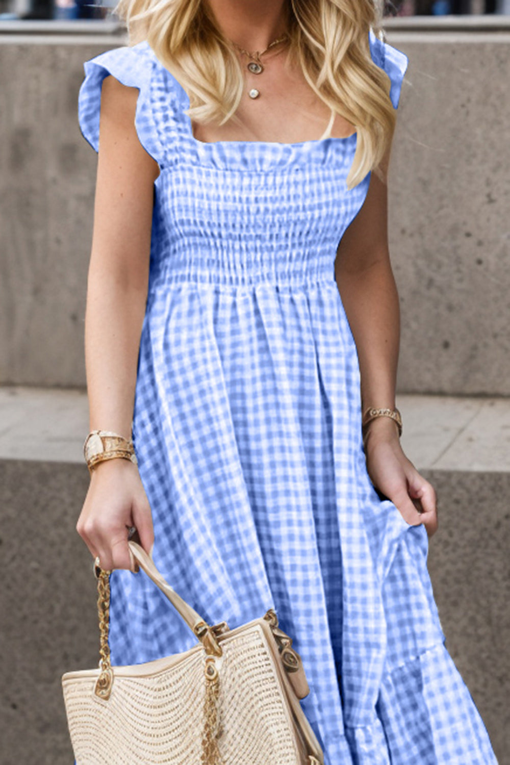 Full Size Smocked Ruffled Plaid Ruffle Hem Dress - felvior