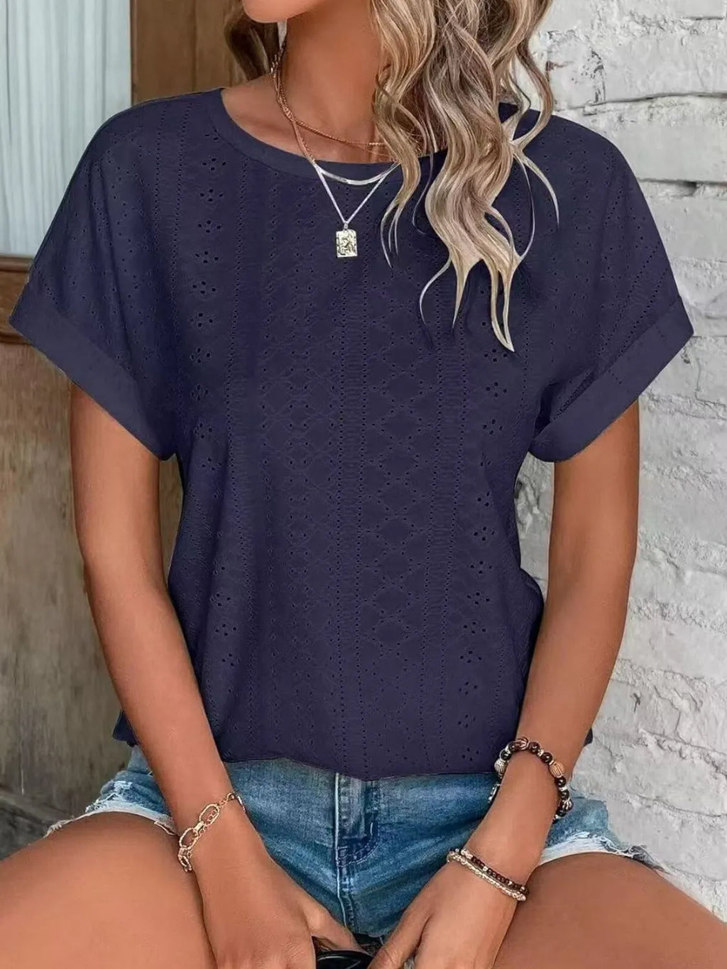 Eyelet Round Neck Short Sleeve Top