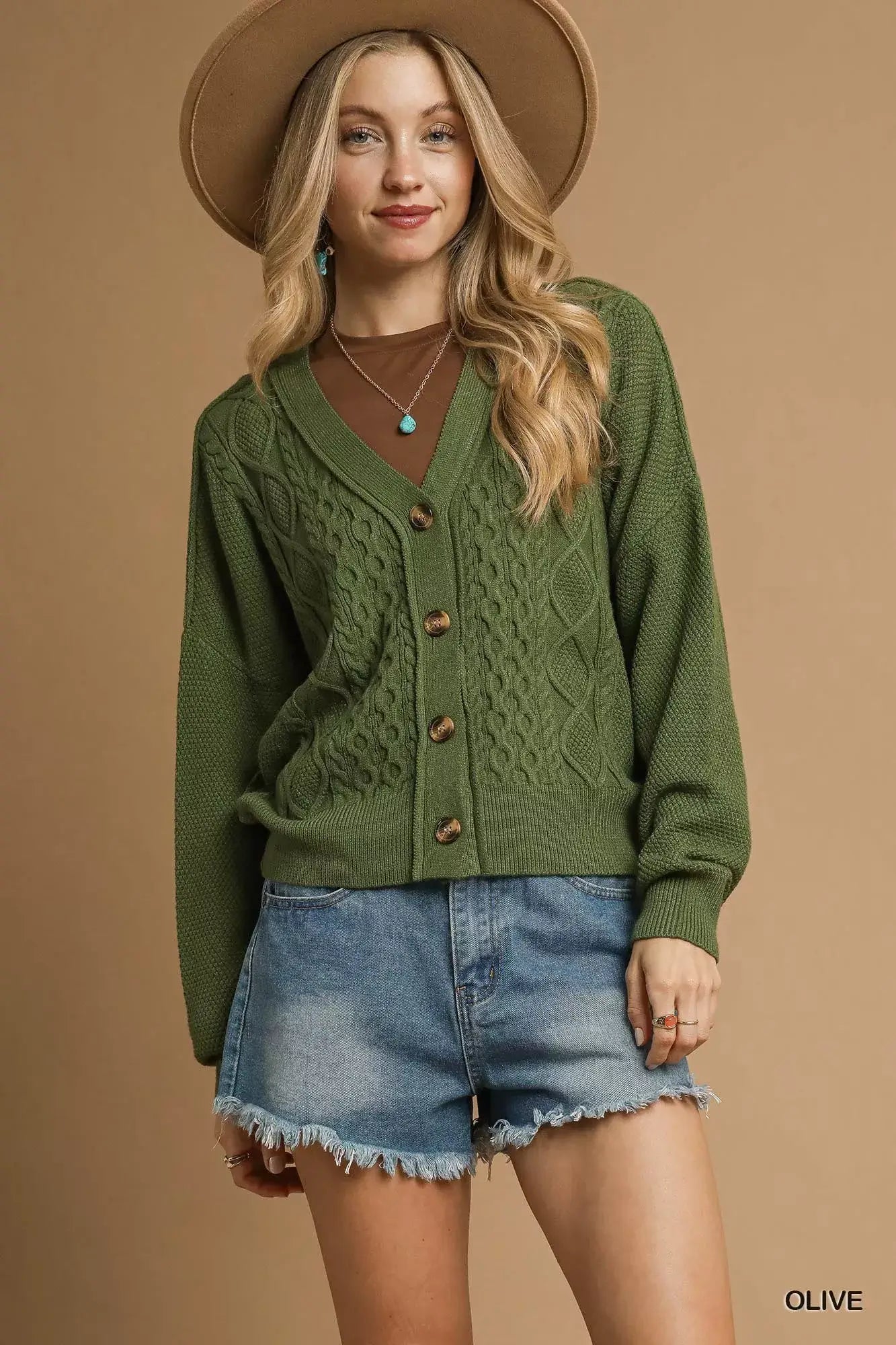 Umgee Chunky Cable Knit V-Neck Button-Up Cardigan