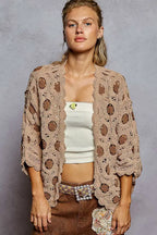 POL Openwork V-Neck Chenille Cardigan with Contrast Floral