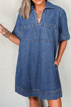 Short Sleeve Collared Patched Pocket Denim Mini Dress