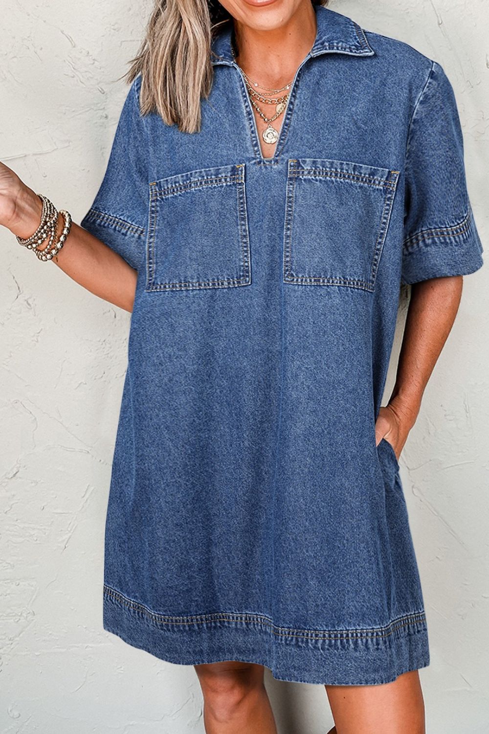 Short Sleeve Collared Patched Pocket Denim Mini Dress