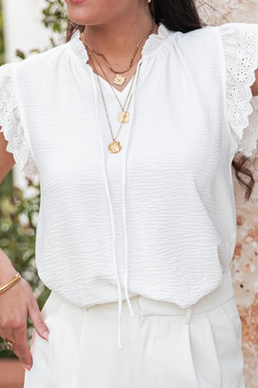 Ruffled Tie Neck Cap Sleeve Blouse