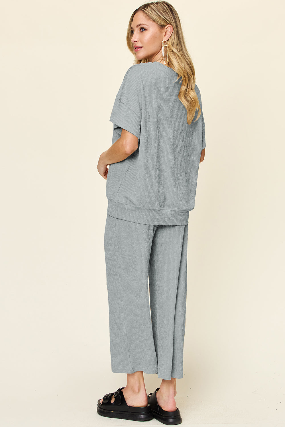 Double Take Full Size Texture Round Neck Short Sleeve T-Shirt and Wide Leg Pants - felvior