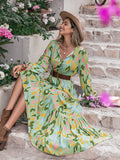 Printed Tie Neck Long Sleeve Maxi Dress - felvior