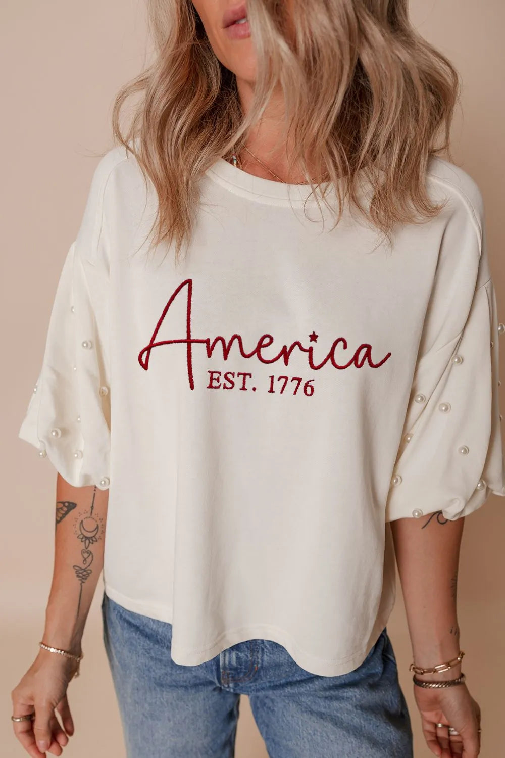 AMERICA EST 1776 Embroidered Pearl Beaded Sleeve T Shirt