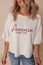AMERICA EST 1776 Embroidered Pearl Beaded Sleeve T Shirt
