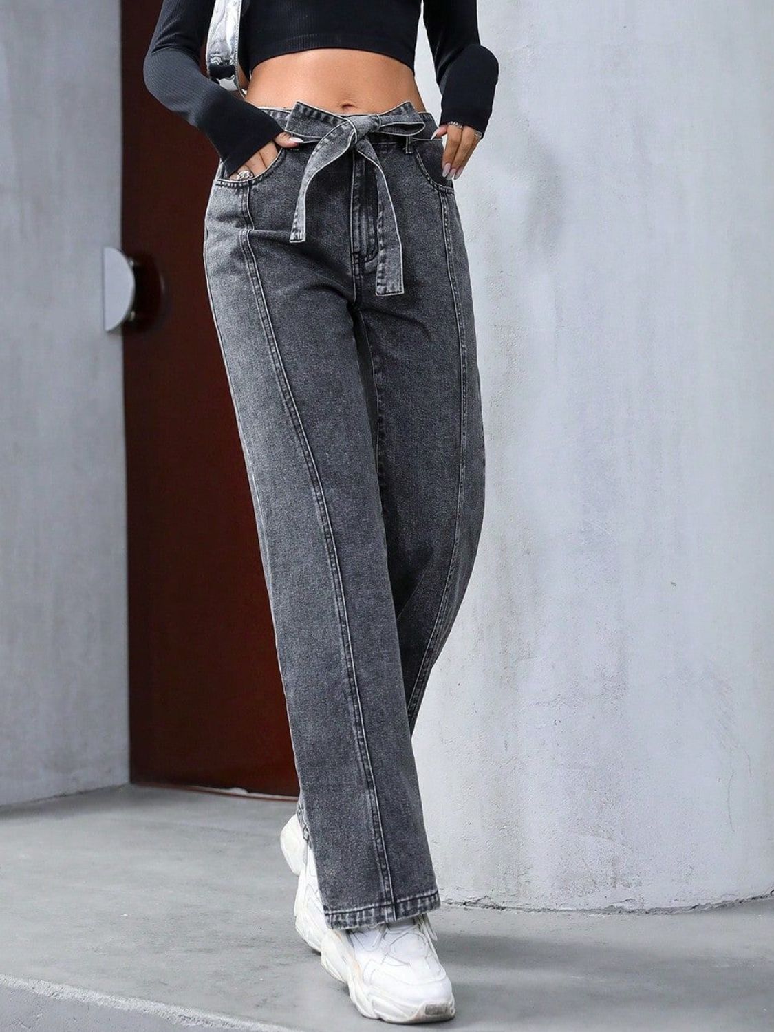 Tied Straight Leg Jeans with Pockets - felvior