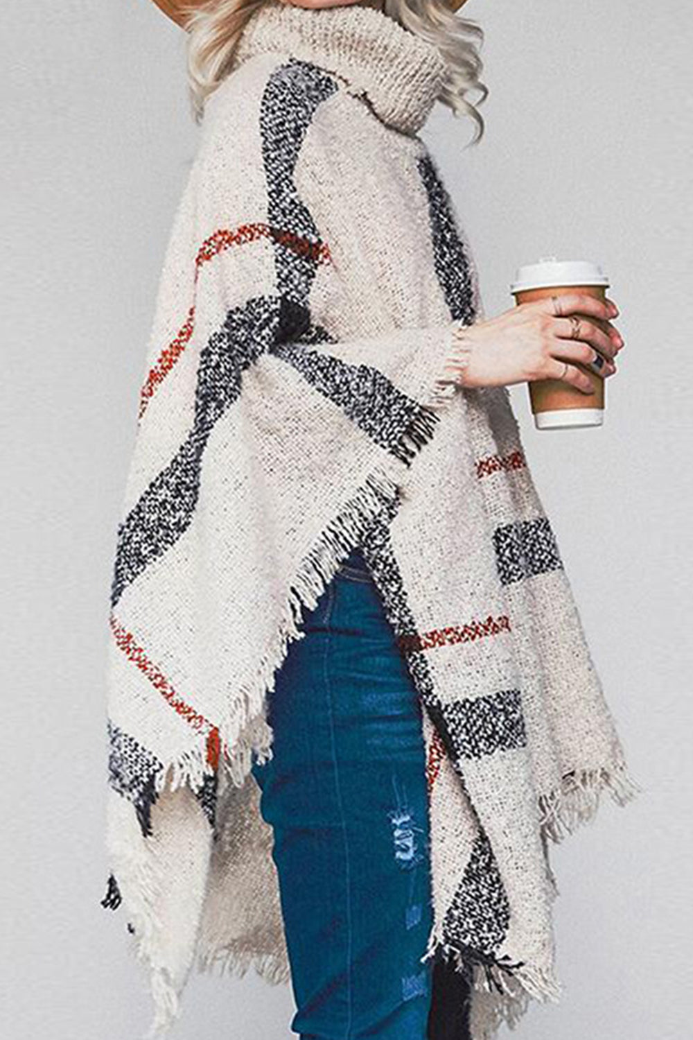 Plaid Turtleneck Raw Hem Poncho - felvior