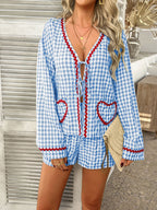 Devine Tie Front Contrast Plaid Shirt and Shorts Set