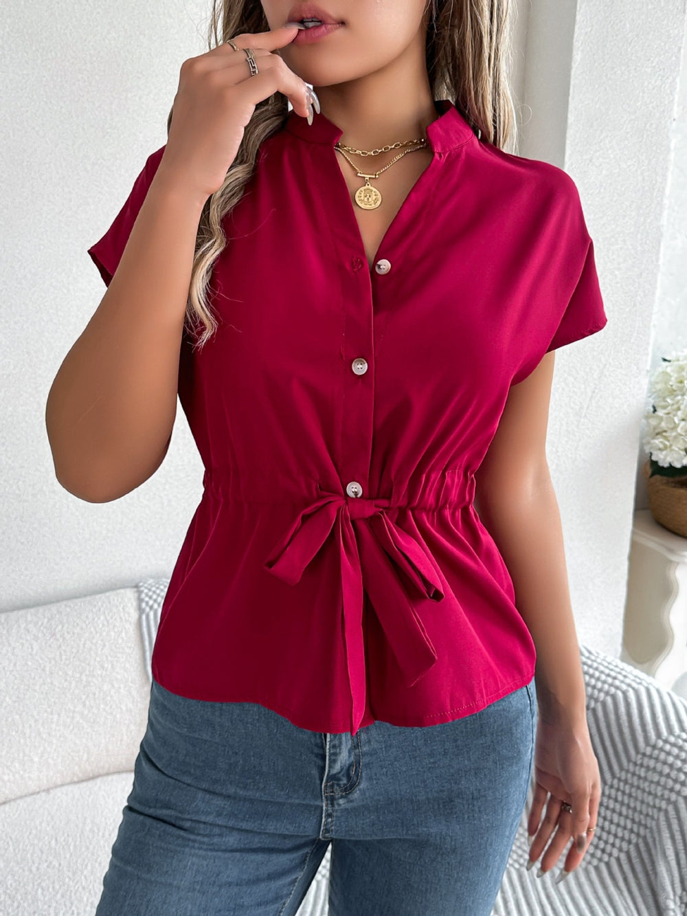 Notched Short Sleeve Blouse