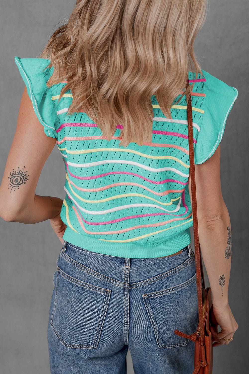 Ruffled Eyelet Striped Round Neck Cap Sleeve Knit Top - felvior