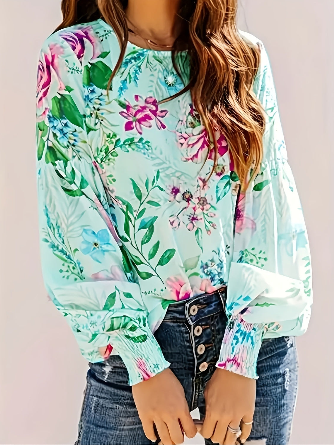 Smocked Printed Round Neck Lantern Sleeve Blouse - felvior