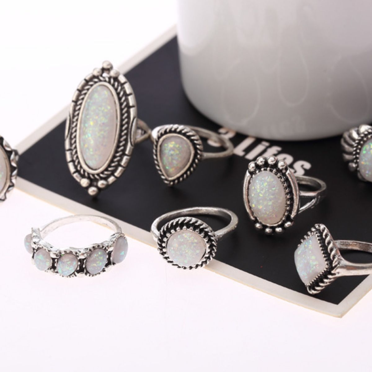 Opal Alloy Geometric Ring 8-Piece Set - felvior
