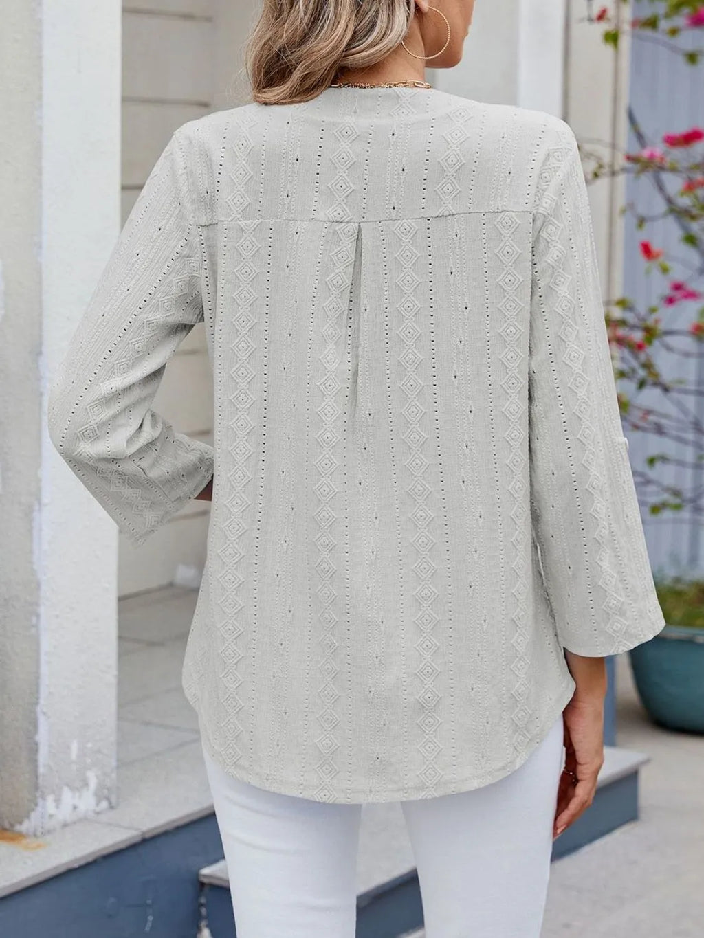 Eyelet Notched Roll-Tab Sleeve Top