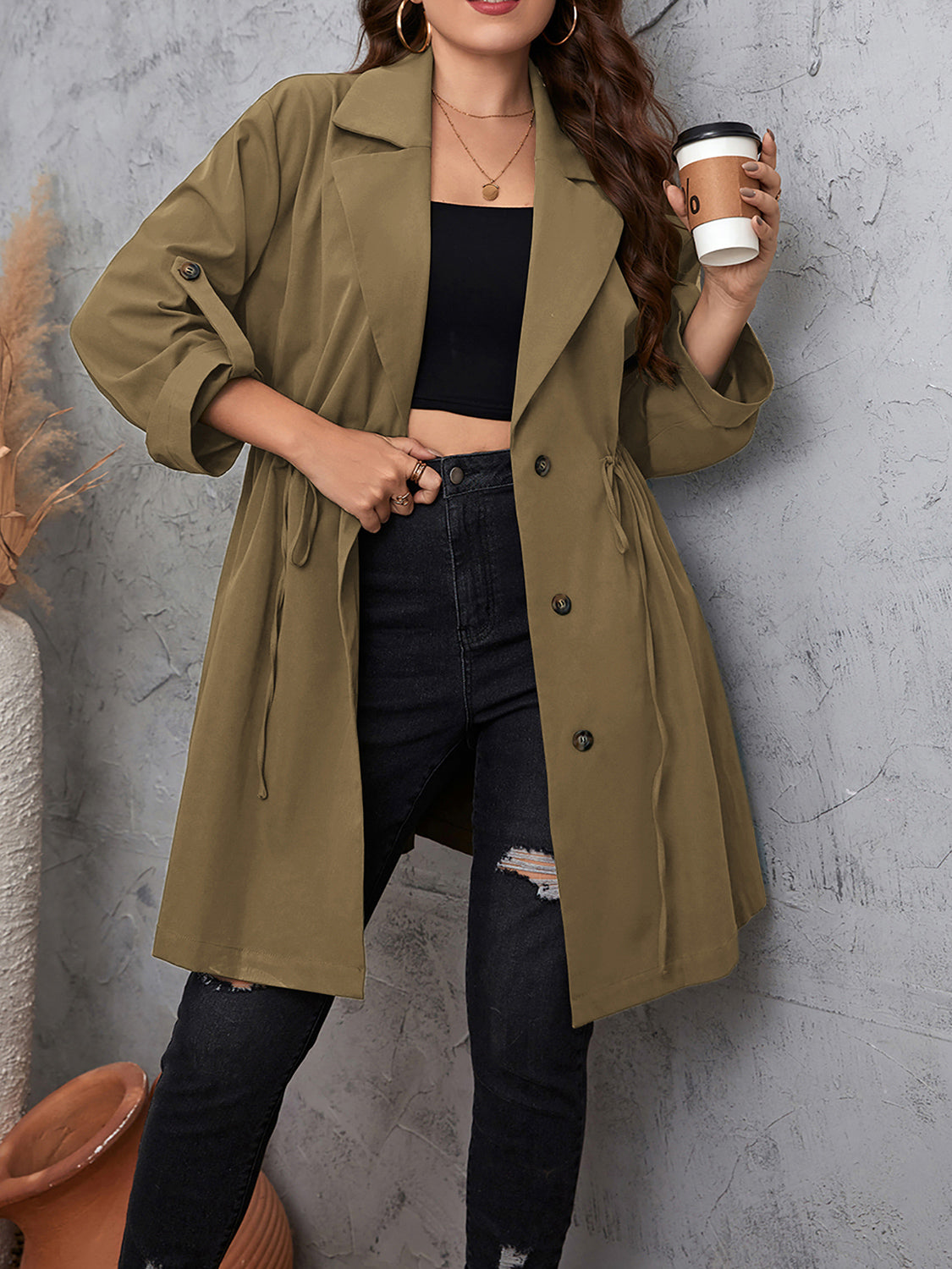 Honey Plus Size Lapel Collar Drawstring Roll-Tab Sleeve Trench Coat - felvior