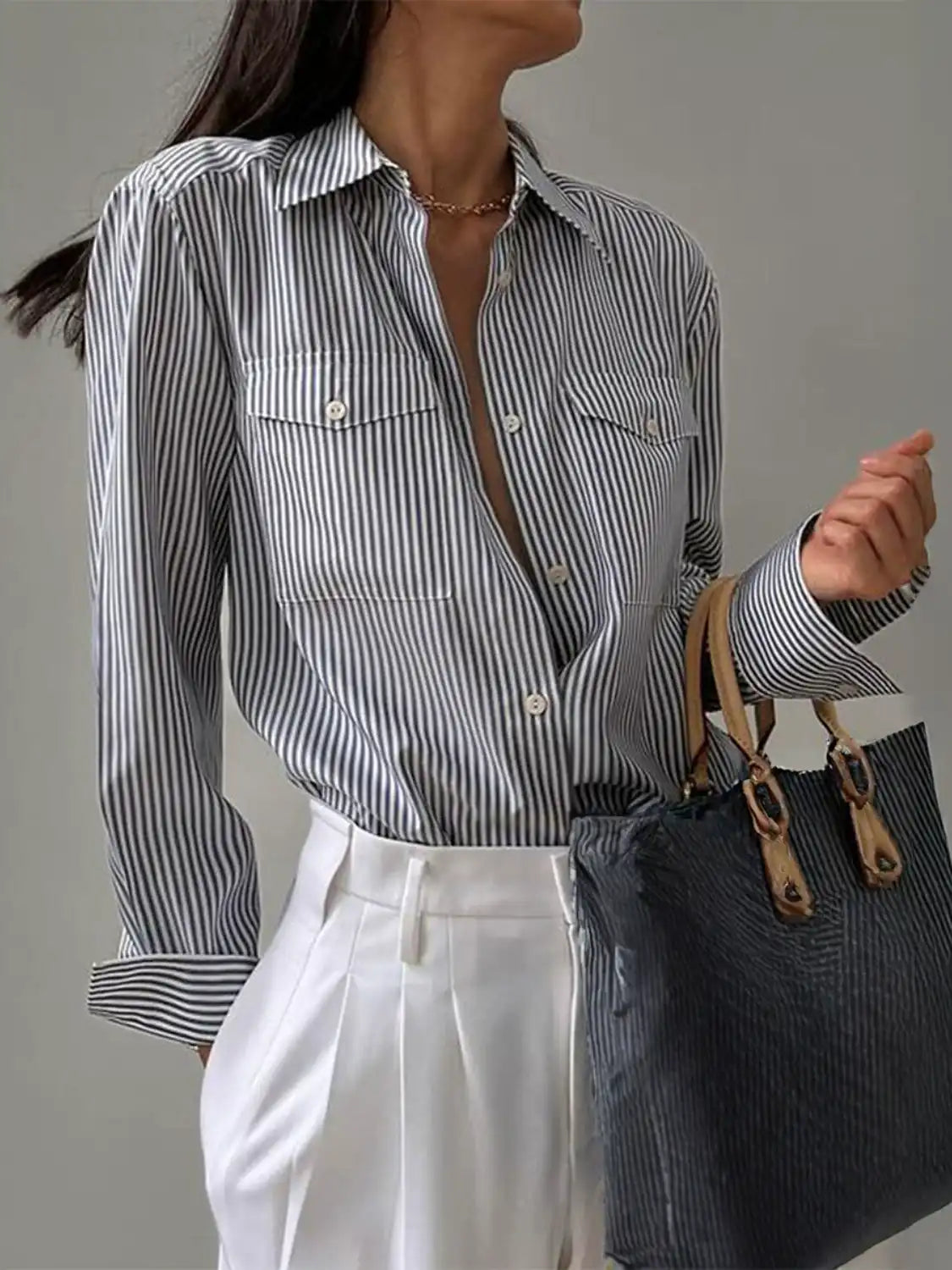 Devine Striped Collared Neck Long Sleeve Shirt - felvior