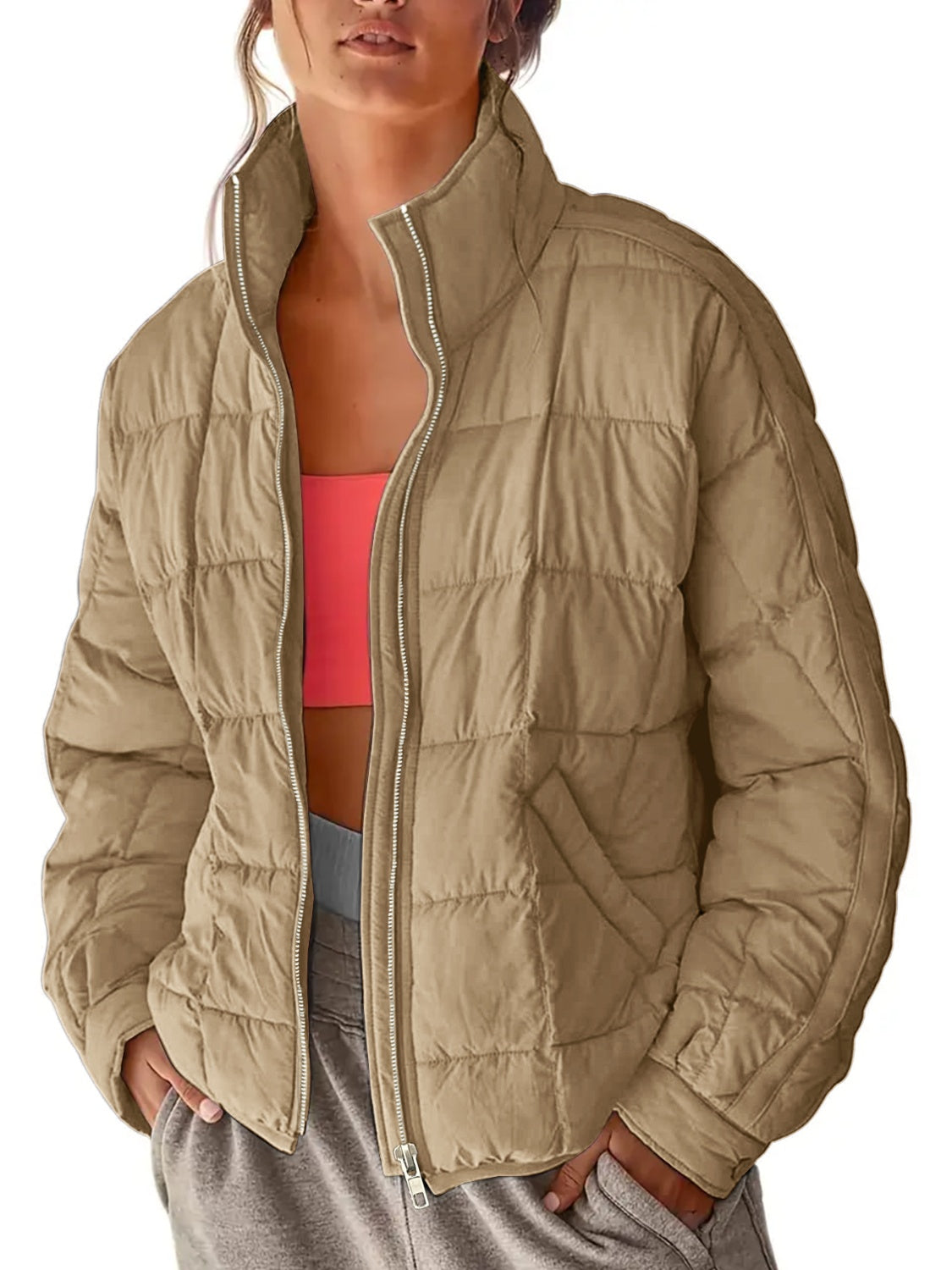 Pocketed Plaid Quilted Zip Up Winter Coat - felvior