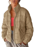 Pocketed Plaid Quilted Zip Up Winter Coat - felvior