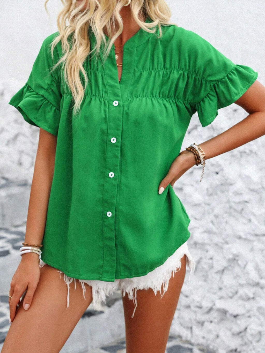 Button Down Ruffled Short Sleeve Shirt
