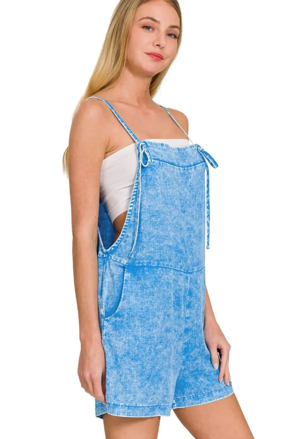 Zenana Washed Linen Knot Strap Rompers