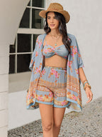 Printed Bra, Shorts and Cover Up Three-Piece Set