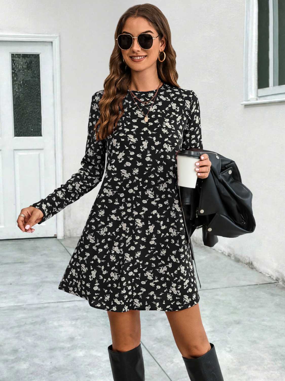 Round Neck Long Sleeve Mini Dress - felvior