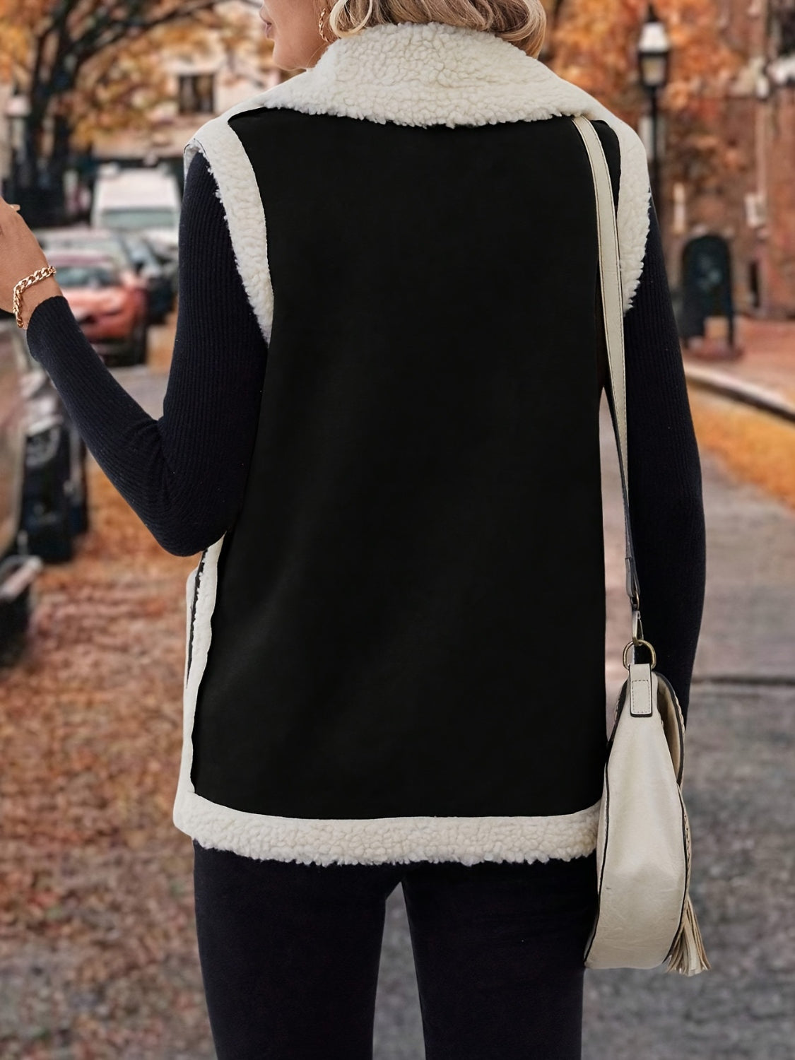 Full Size Contrast Open Front Sherpa Vest Coat - felvior