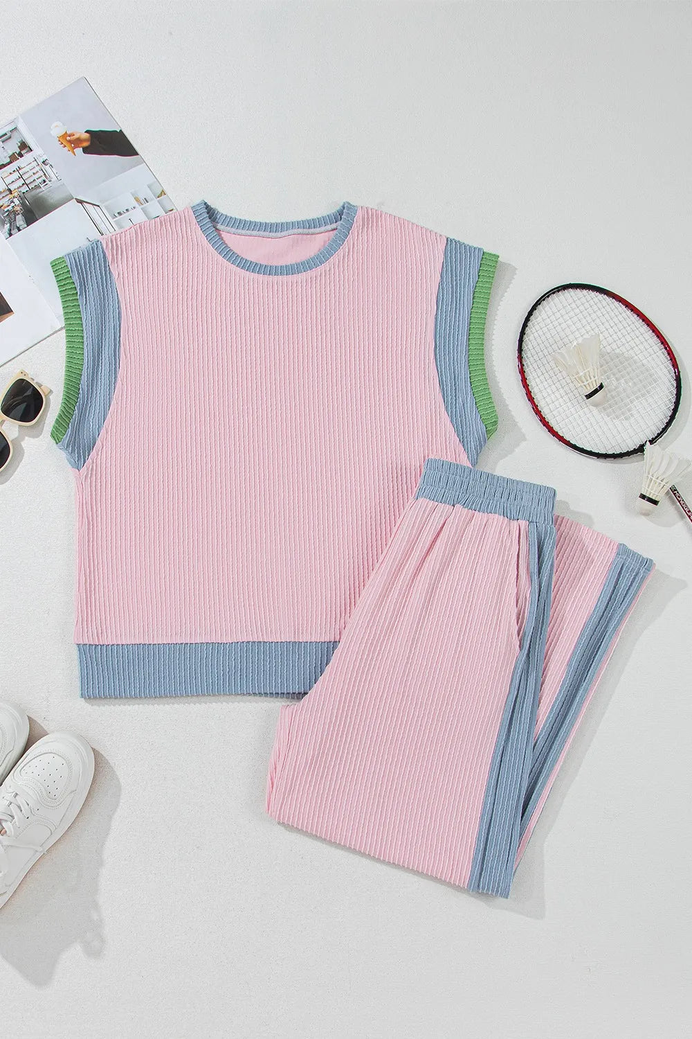 Contrast Round Neck Top and Pants Set - felvior