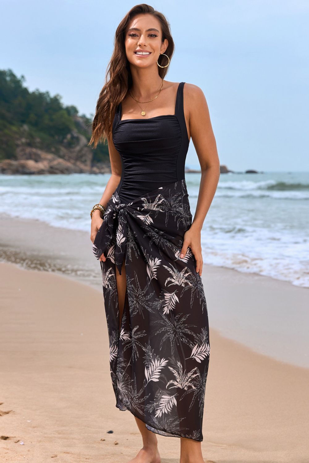 Square Neck Printed One-Piece Swimwear and Cover Up Swim Set - felvior
