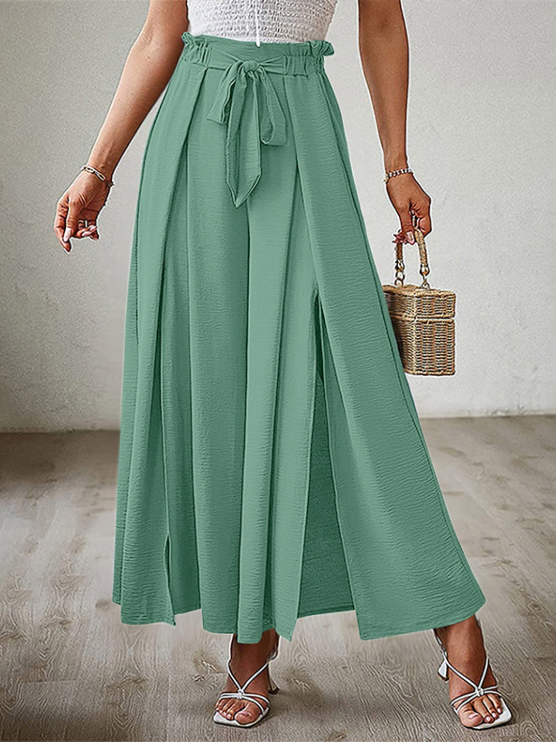 Tied Slit Wide Leg Pants - felvior