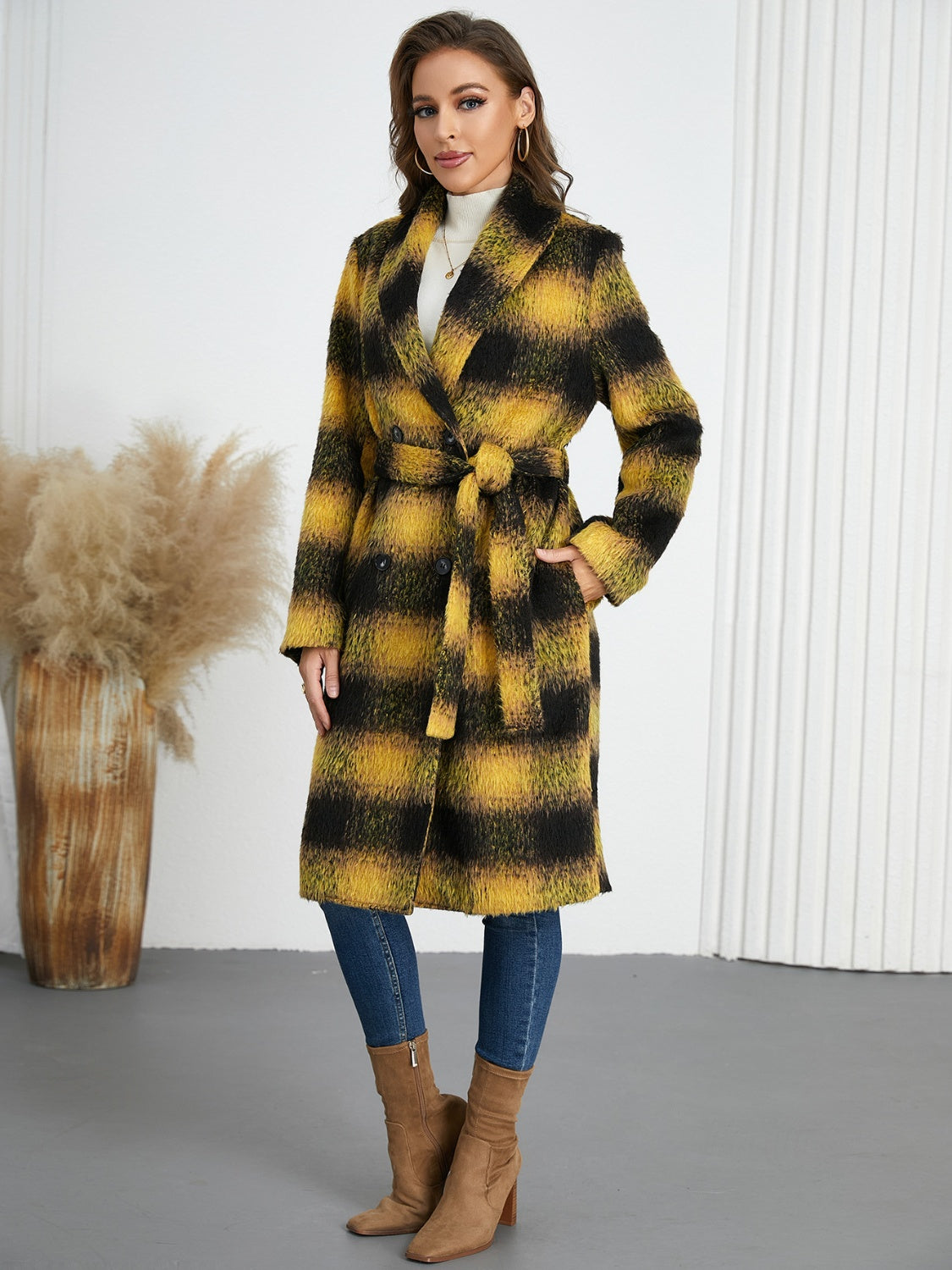 Plaid Tie Waist Long Sleeve Coat - felvior