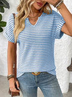 Striped Notched Short Sleeve T-Shirt