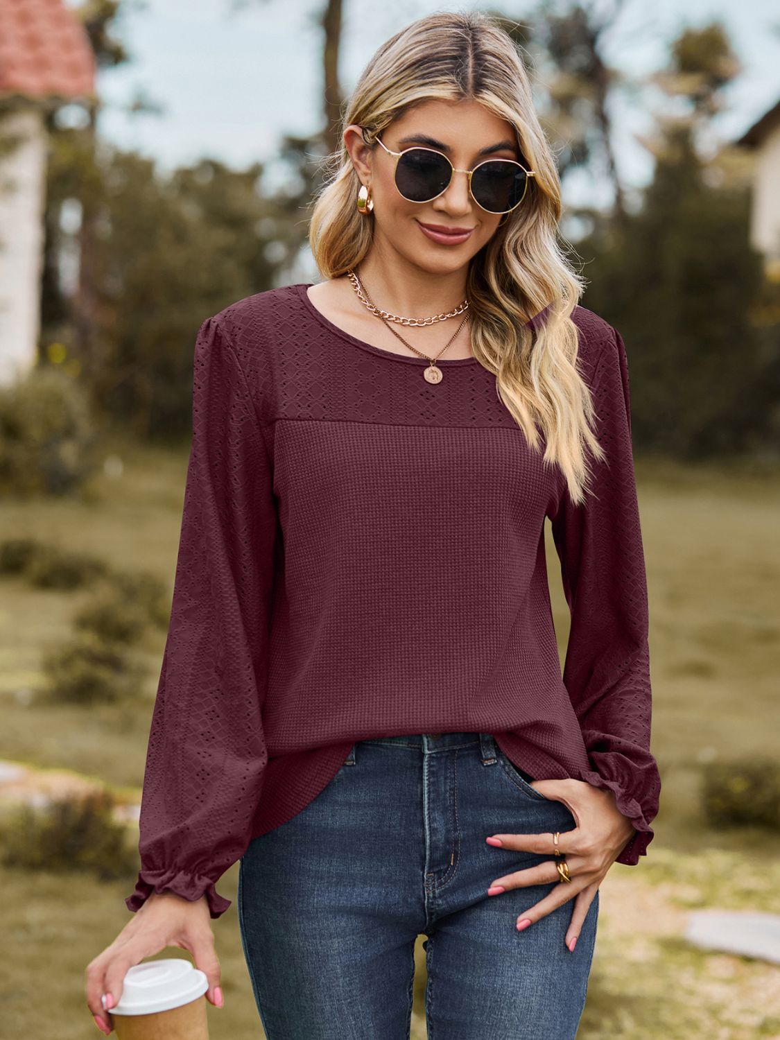 Round Neck Flounce Sleeve Top - felvior