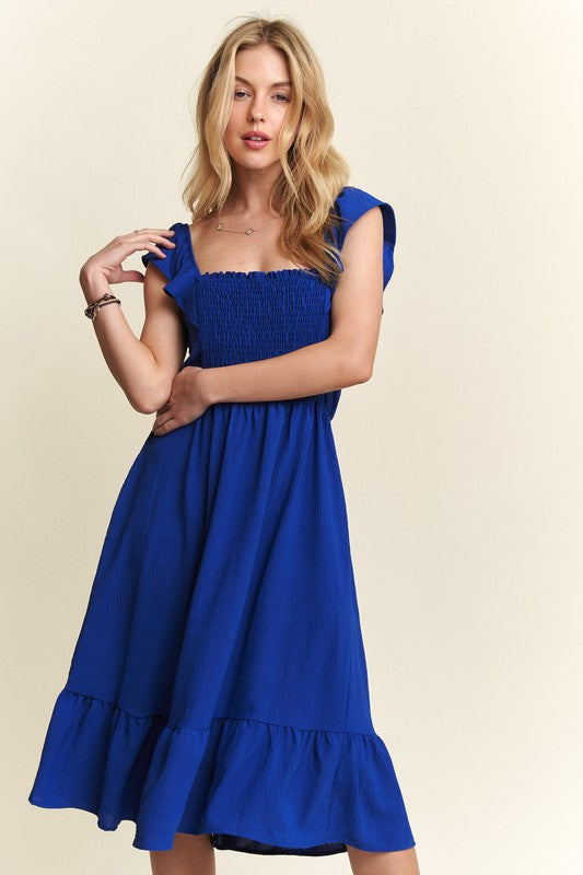 ADORA Smocked Square Neck Ruffled Cap Sleeve Dress - felvior