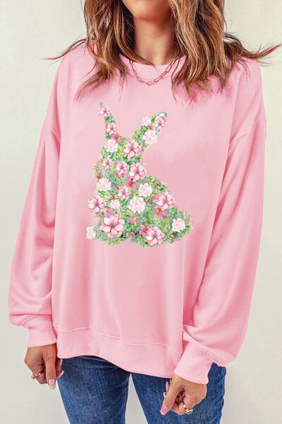 Floral Bunny Round Neck Long Sleeve Sweatshirt Hauptbild