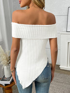 Ribbed Off-Shoulder Asymmetrical Hem T-Shirt