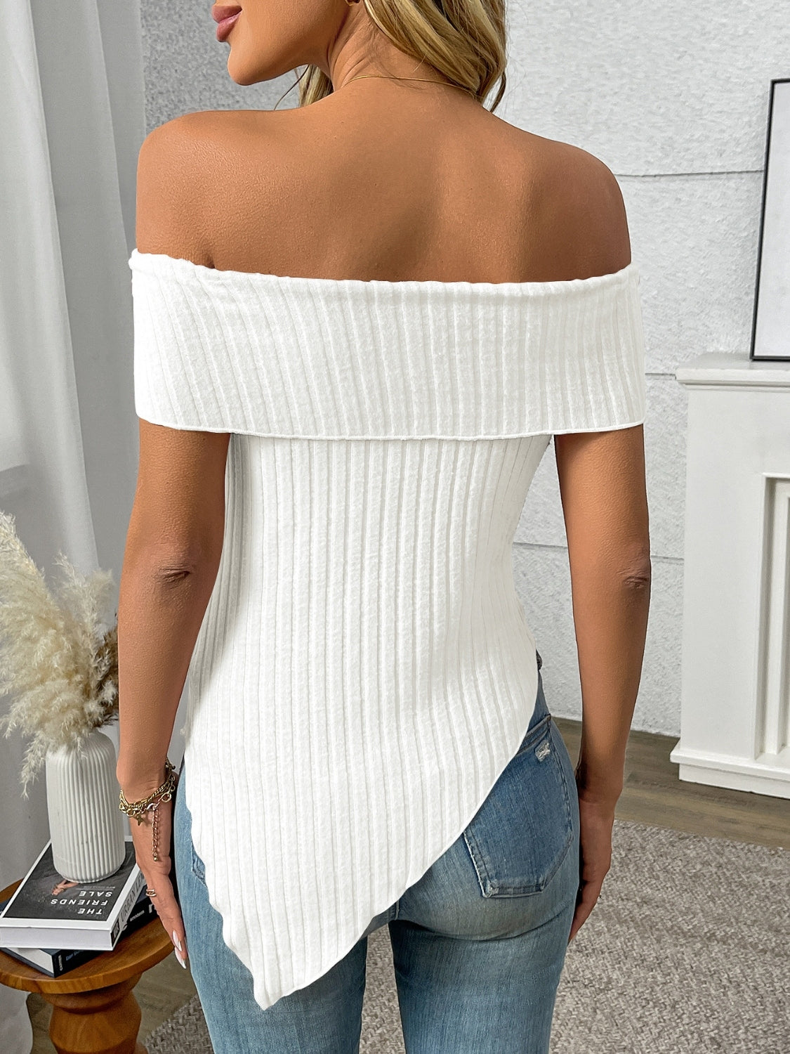 Ribbed Off-Shoulder Asymmetrical Hem T-Shirt