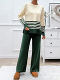 Devine Slit Striped Round Neck Top and Pants Sweater Set - felvior